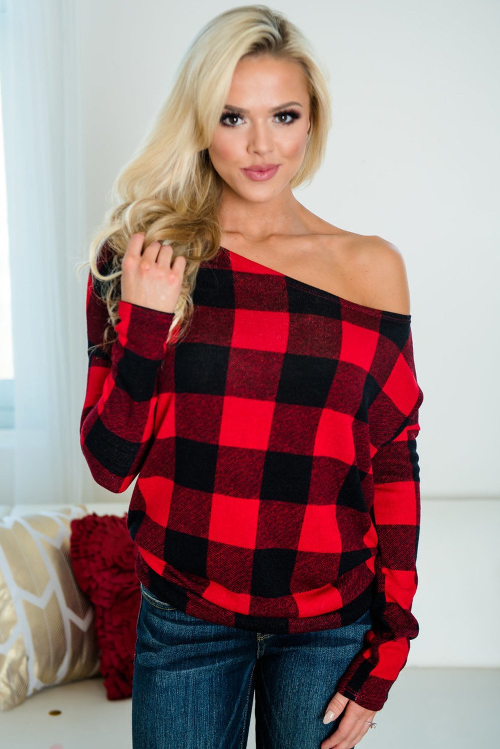 Plaid Off Shoulder Textured Long Sleeve Top