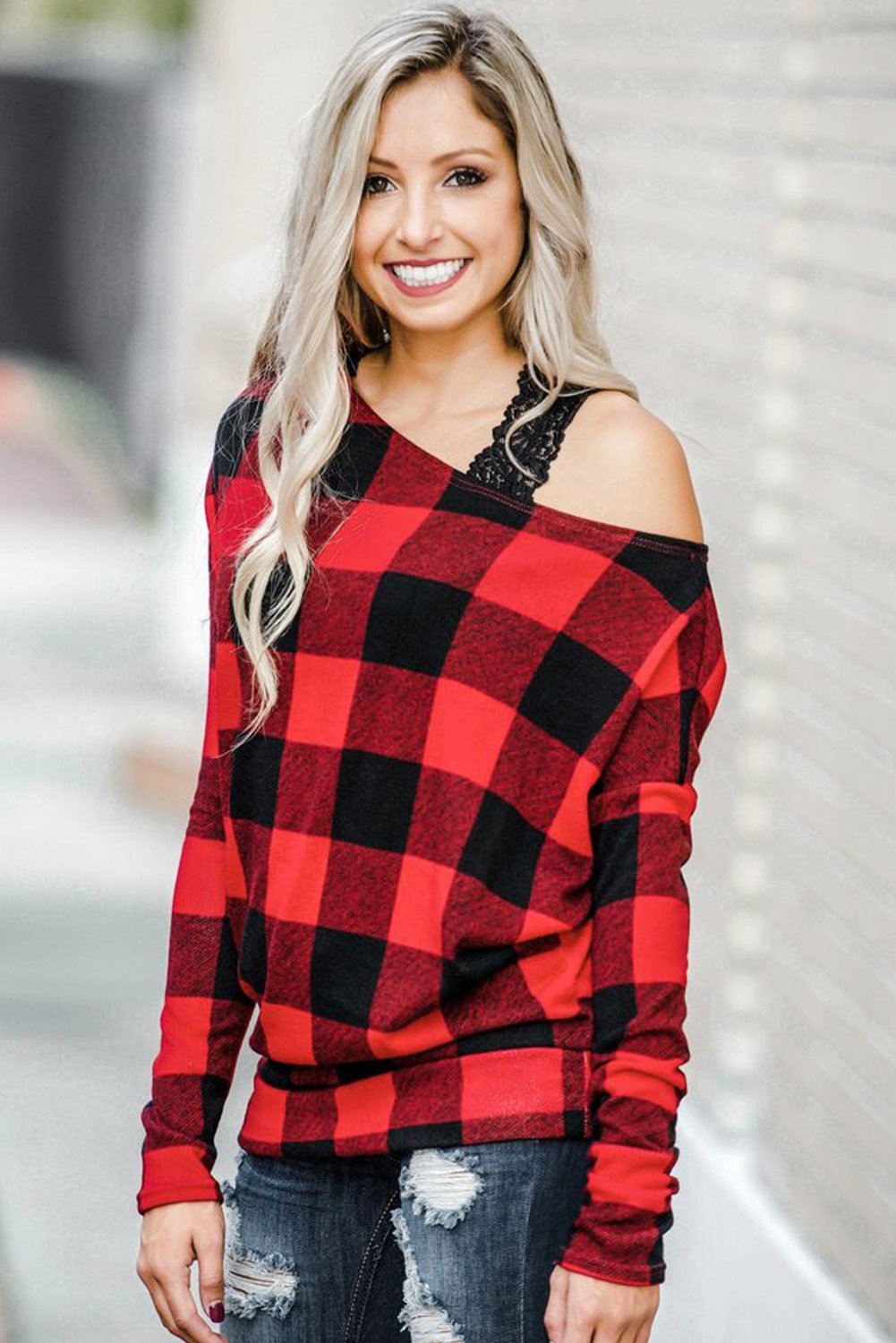 Plaid Off Shoulder Textured Long Sleeve Top