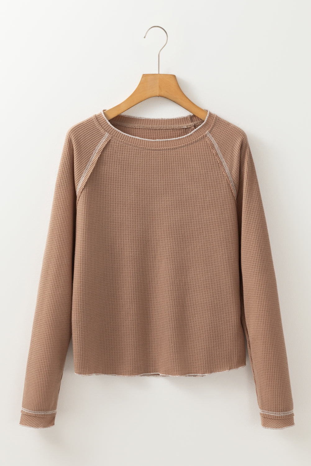 Solid Waffle Knit Round Neck Long Sleeve Top