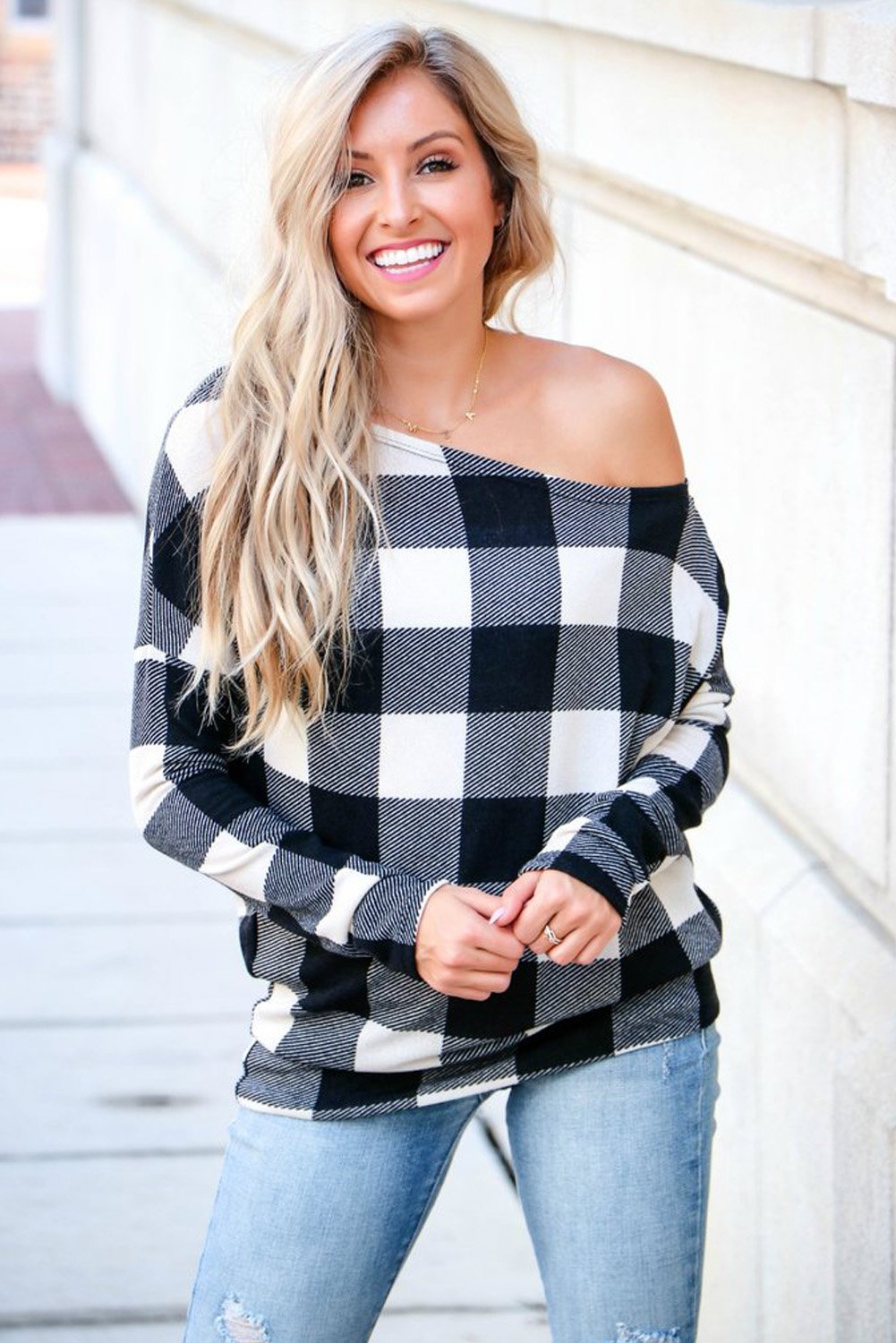 Plaid Off Shoulder Textured Long Sleeve Top