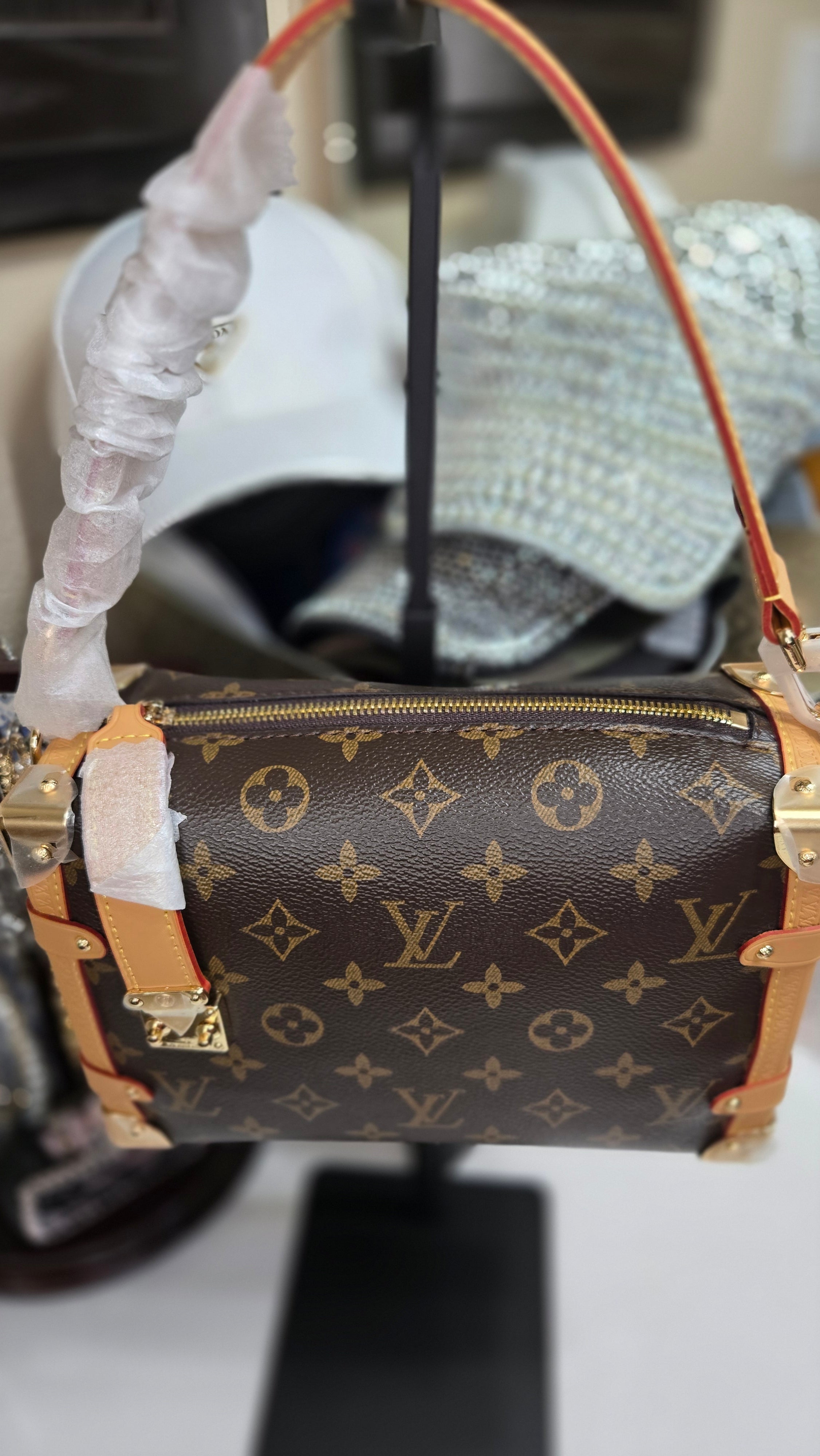 Luxury-Inspired Trunk-Style Top-Handle Bag | Coated Canvas with Leather Trim