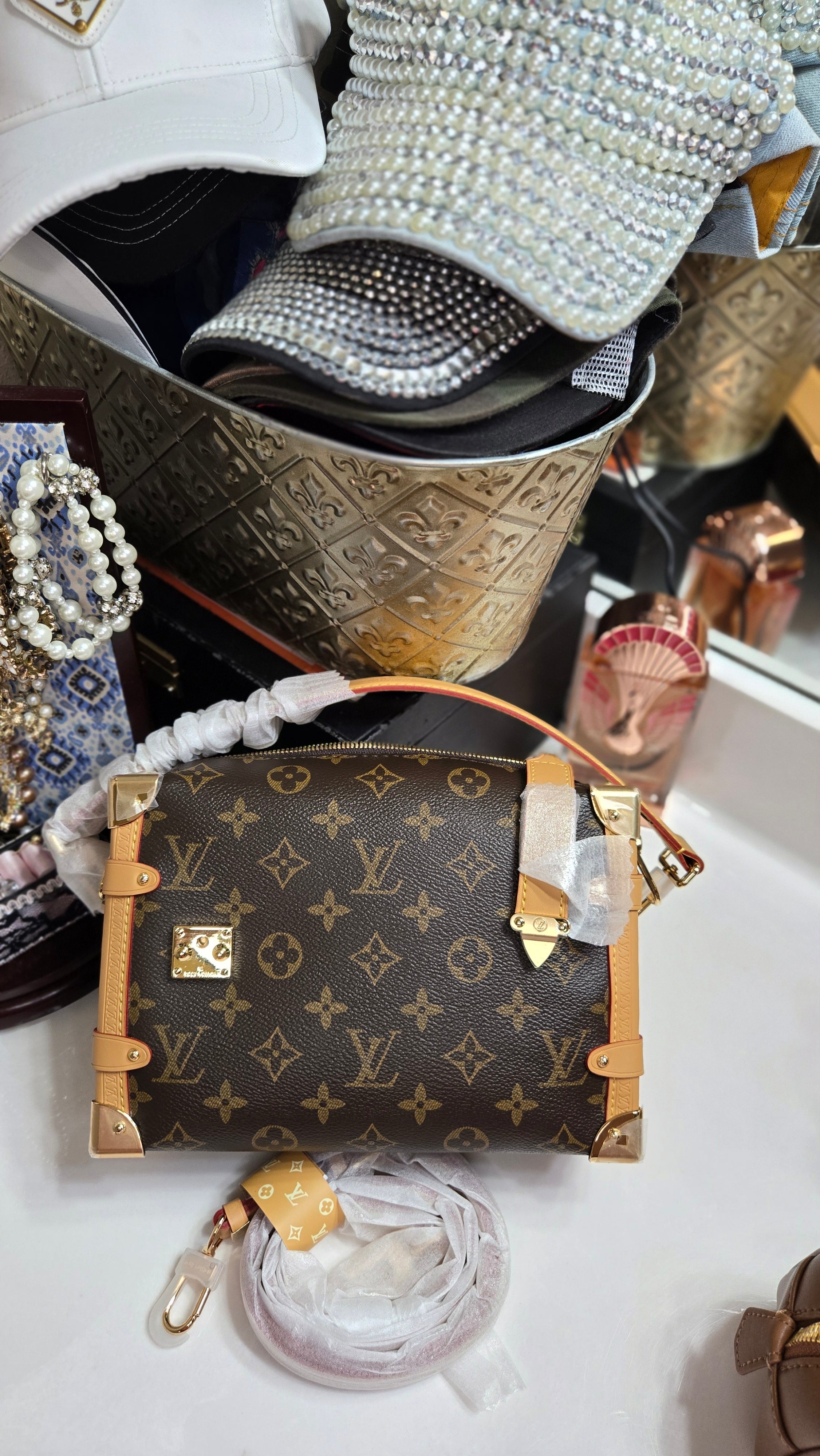 Luxury-Inspired Trunk-Style Top-Handle Bag | Coated Canvas with Leather Trim