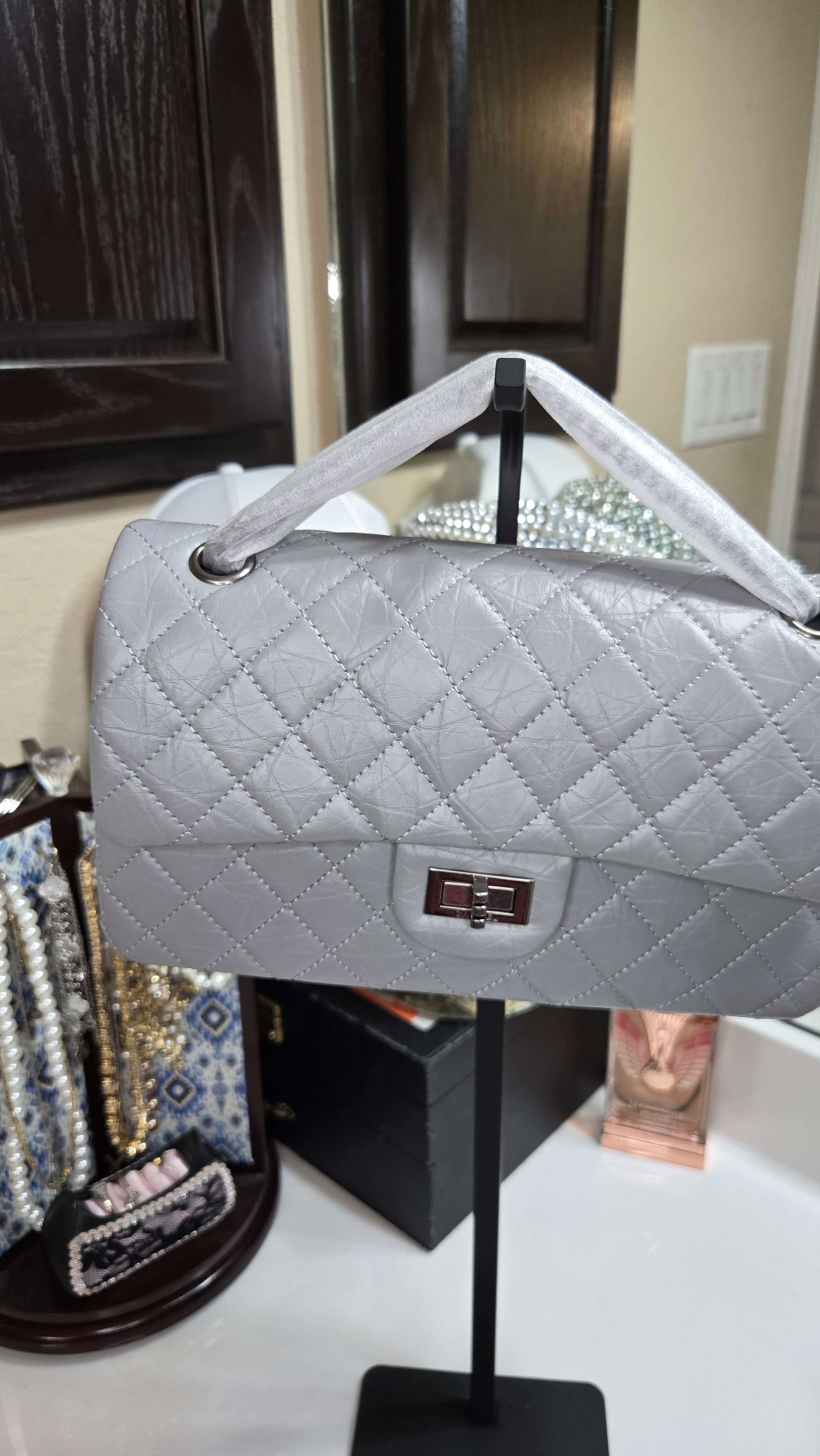 Quilted Leather Top-Handle Shoulder/Crossbody Bag | Gray