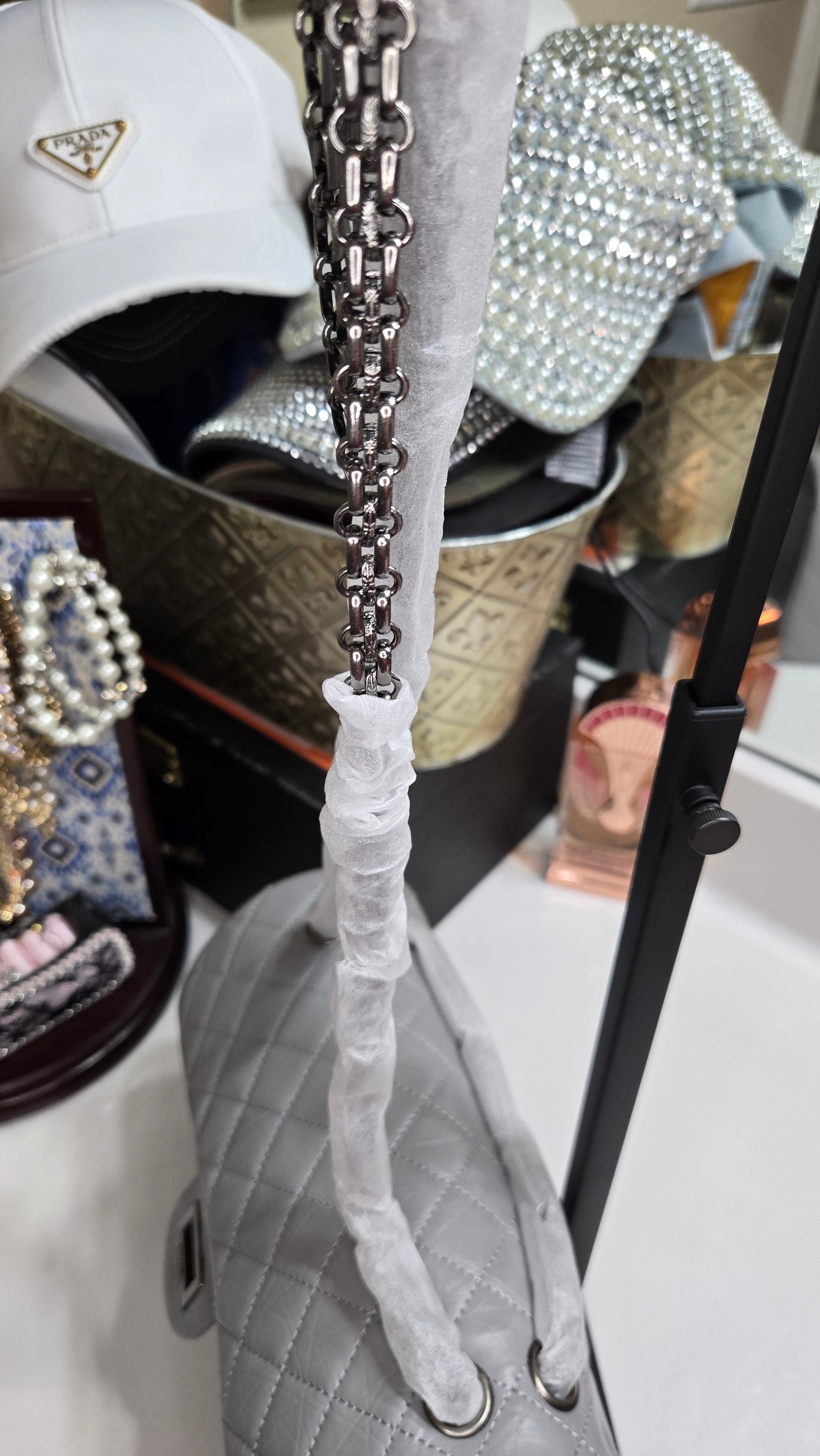 Quilted Leather Top-Handle Shoulder/Crossbody Bag | Gray