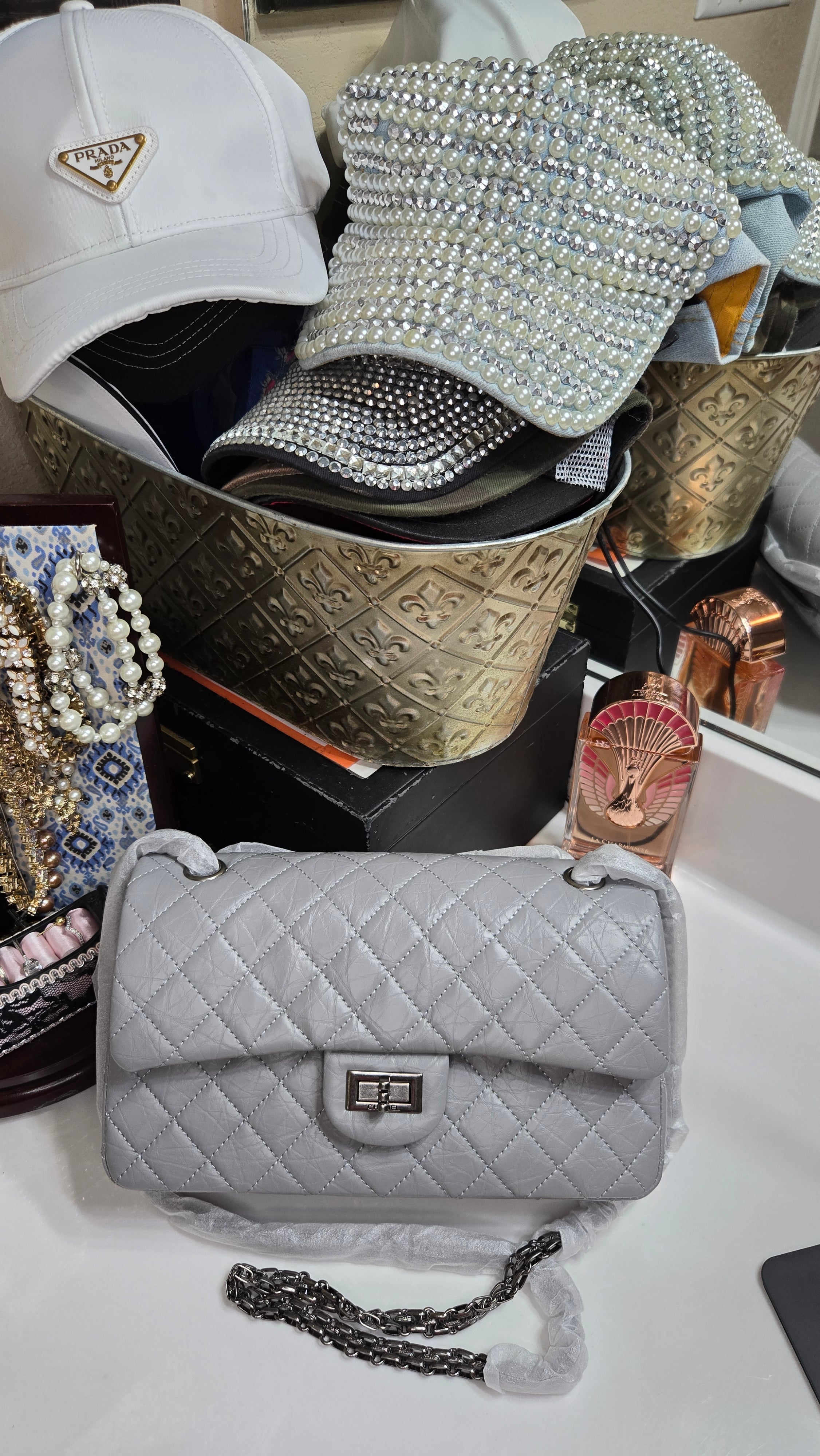 Quilted Leather Top-Handle Shoulder/Crossbody Bag | Gray