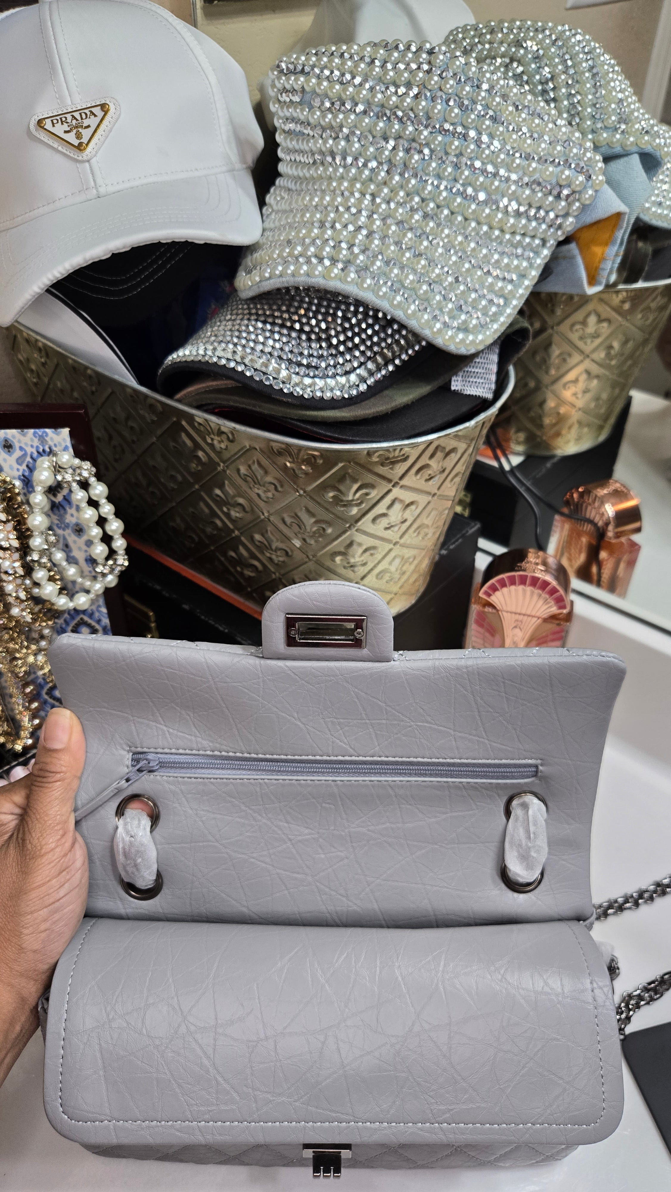 Quilted Leather Top-Handle Shoulder/Crossbody Bag | Gray