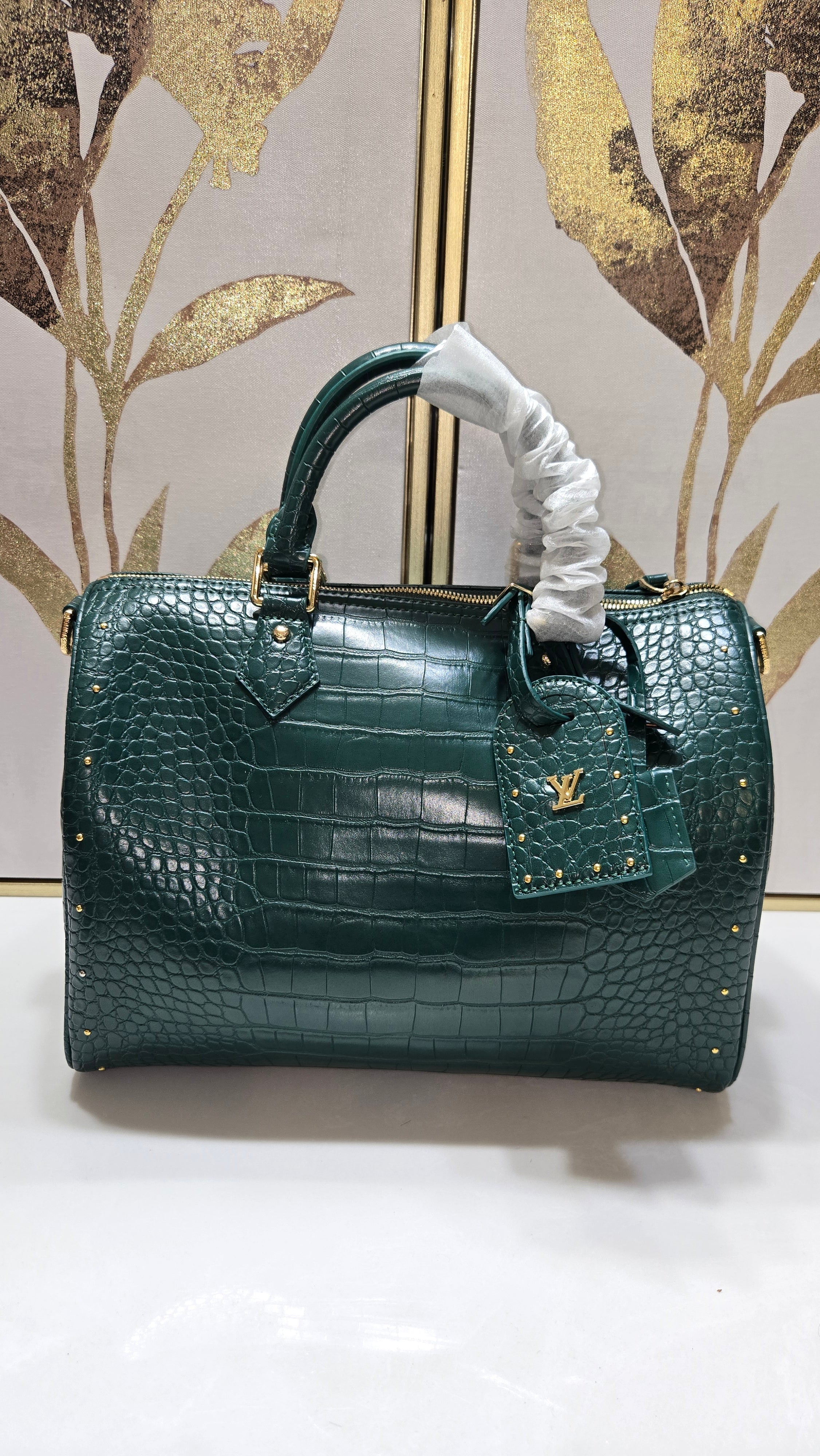 Emerald Croc-Embossed Dome Satchel with Gold Studs – Luxury Designer-Inspired