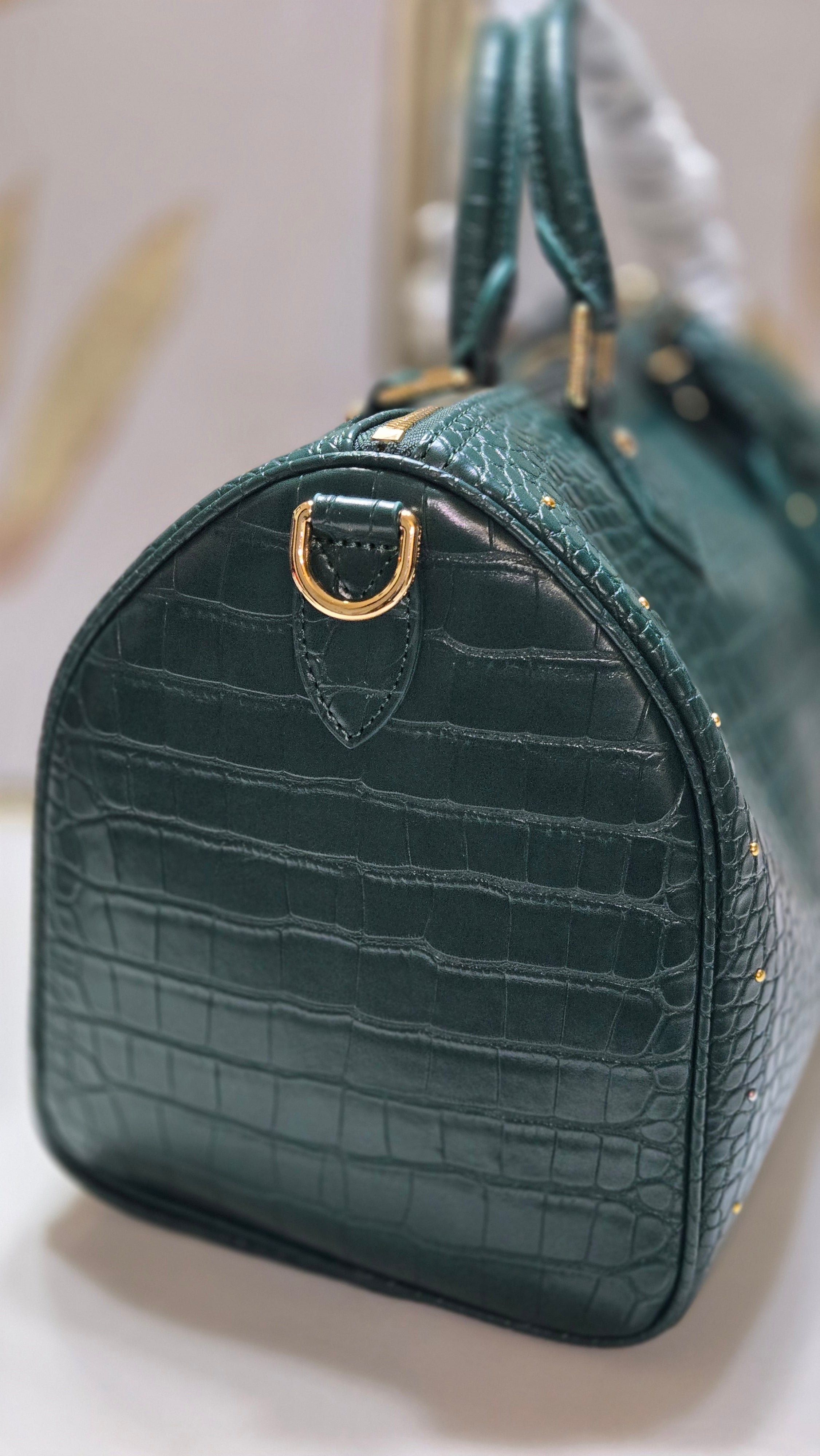 Emerald Croc-Embossed Dome Satchel with Gold Studs – Luxury Designer-Inspired