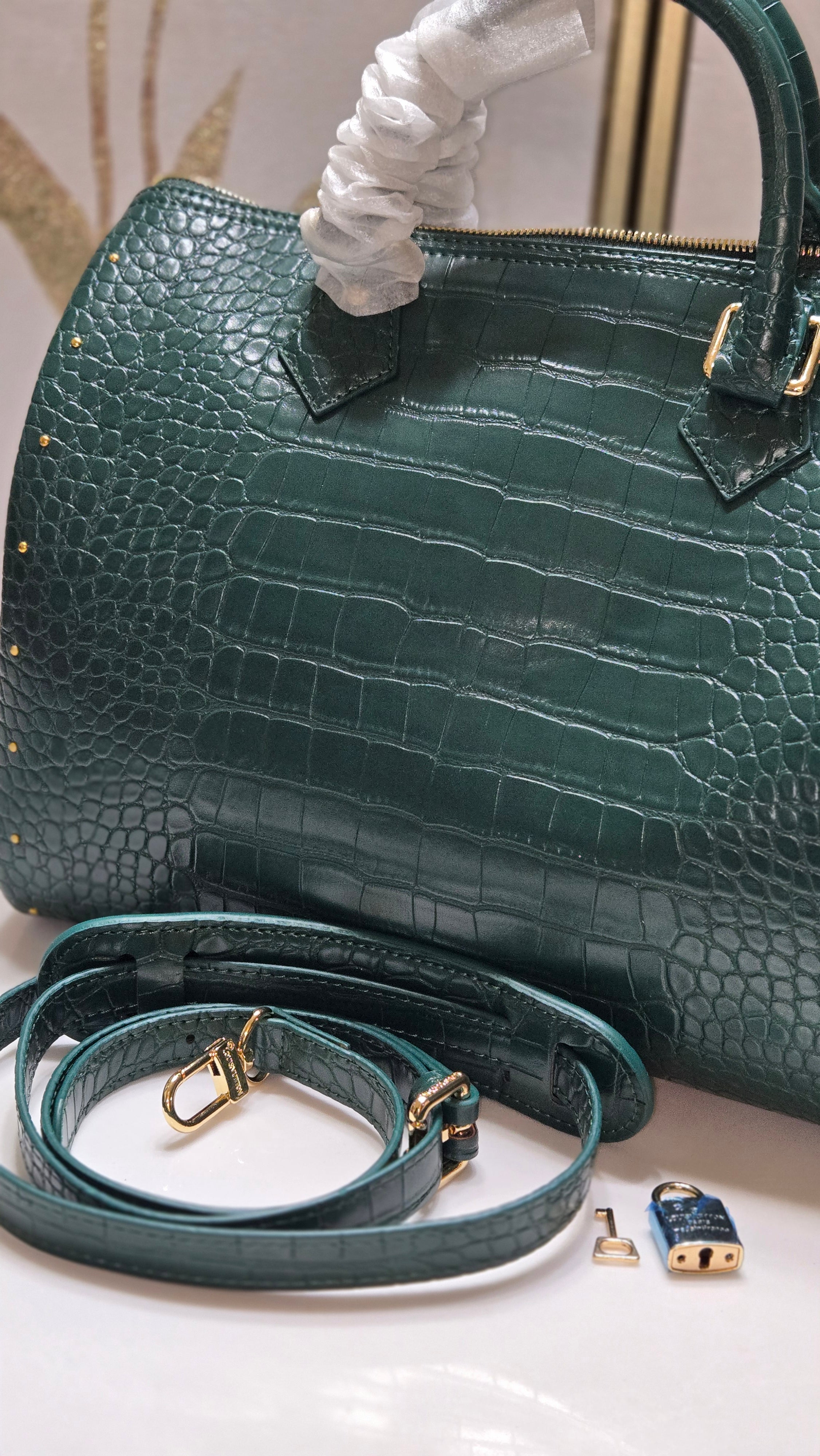 Emerald Croc-Embossed Dome Satchel with Gold Studs – Luxury Designer-Inspired