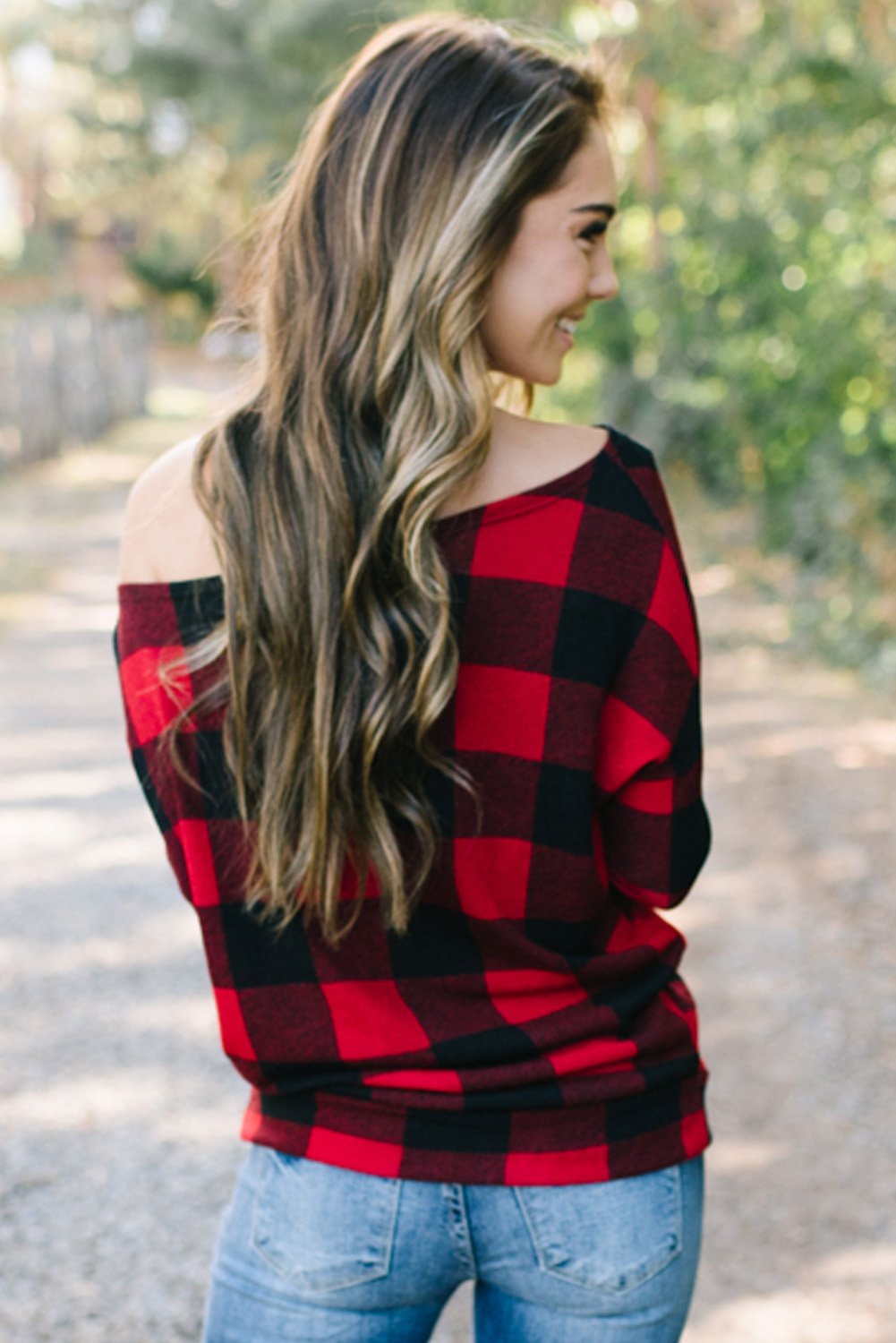 Plaid Off Shoulder Textured Long Sleeve Top