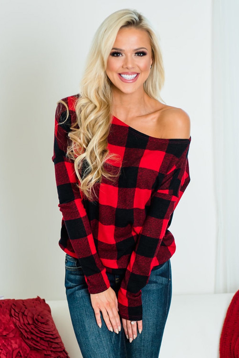 Plaid Off Shoulder Textured Long Sleeve Top
