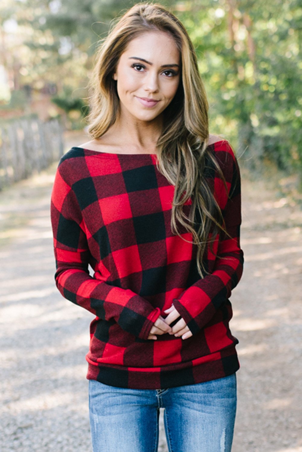 Plaid Off Shoulder Textured Long Sleeve Top