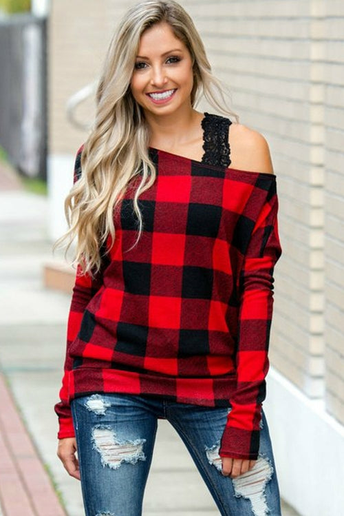 Plaid Off Shoulder Textured Long Sleeve Top