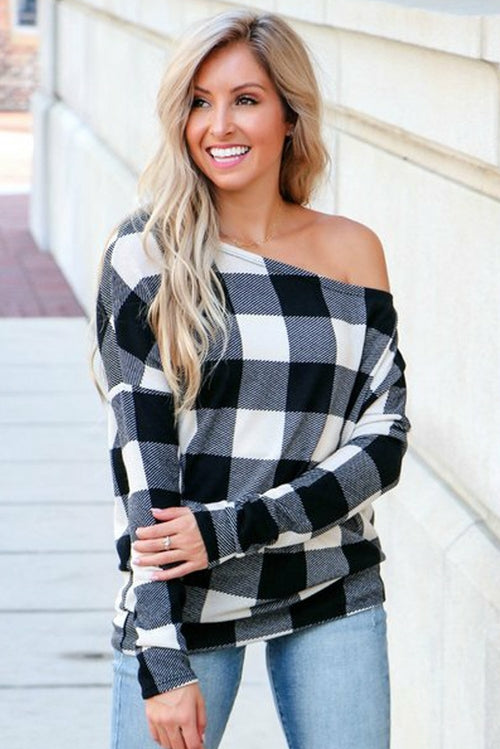Plaid Off Shoulder Textured Long Sleeve Top