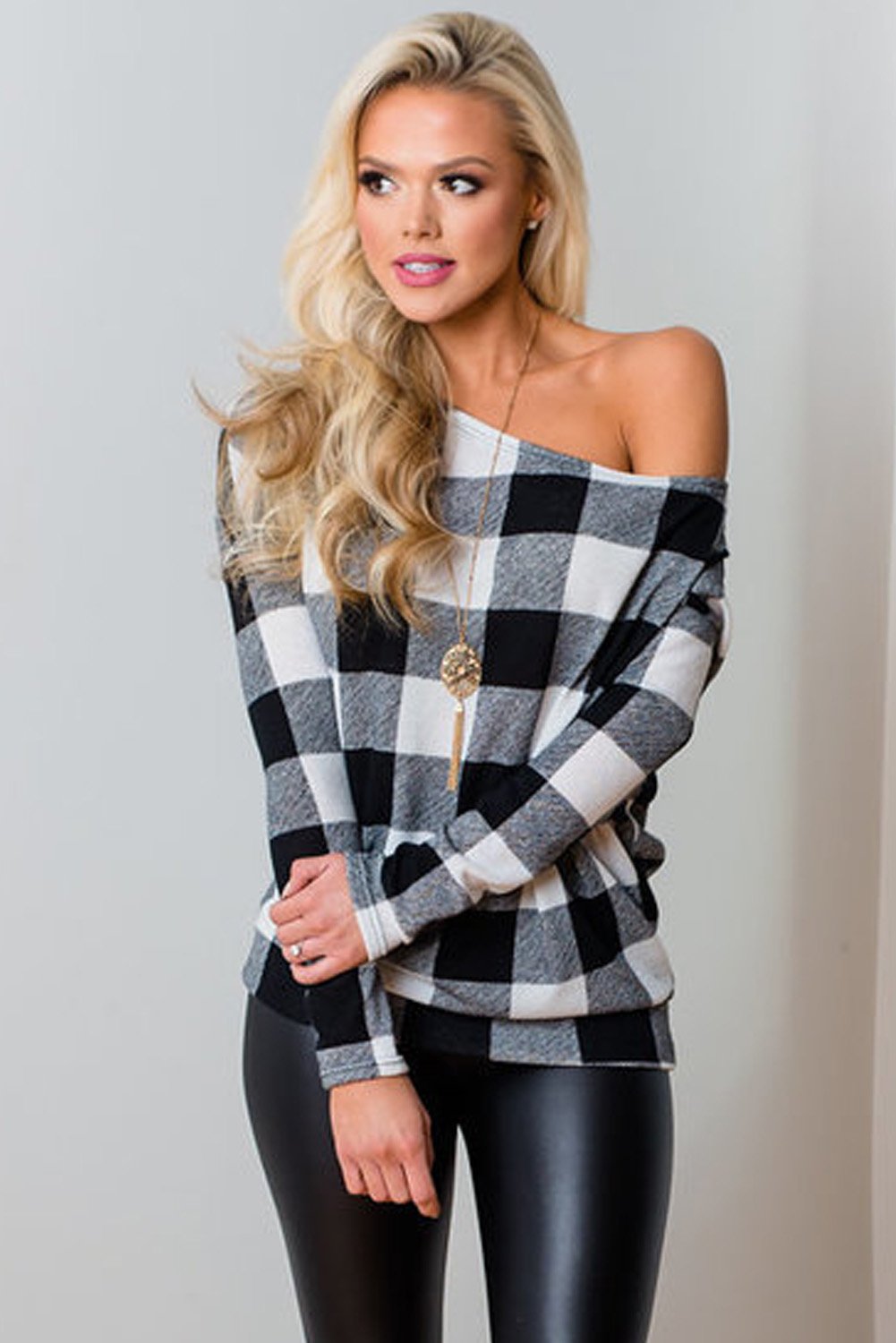 Plaid Off Shoulder Textured Long Sleeve Top