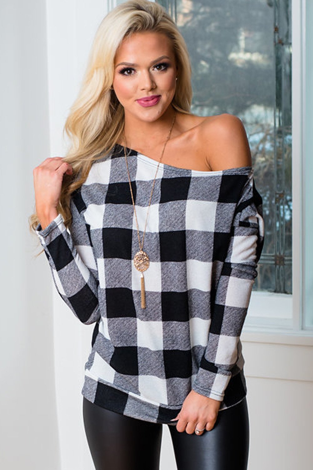 Plaid Off Shoulder Textured Long Sleeve Top