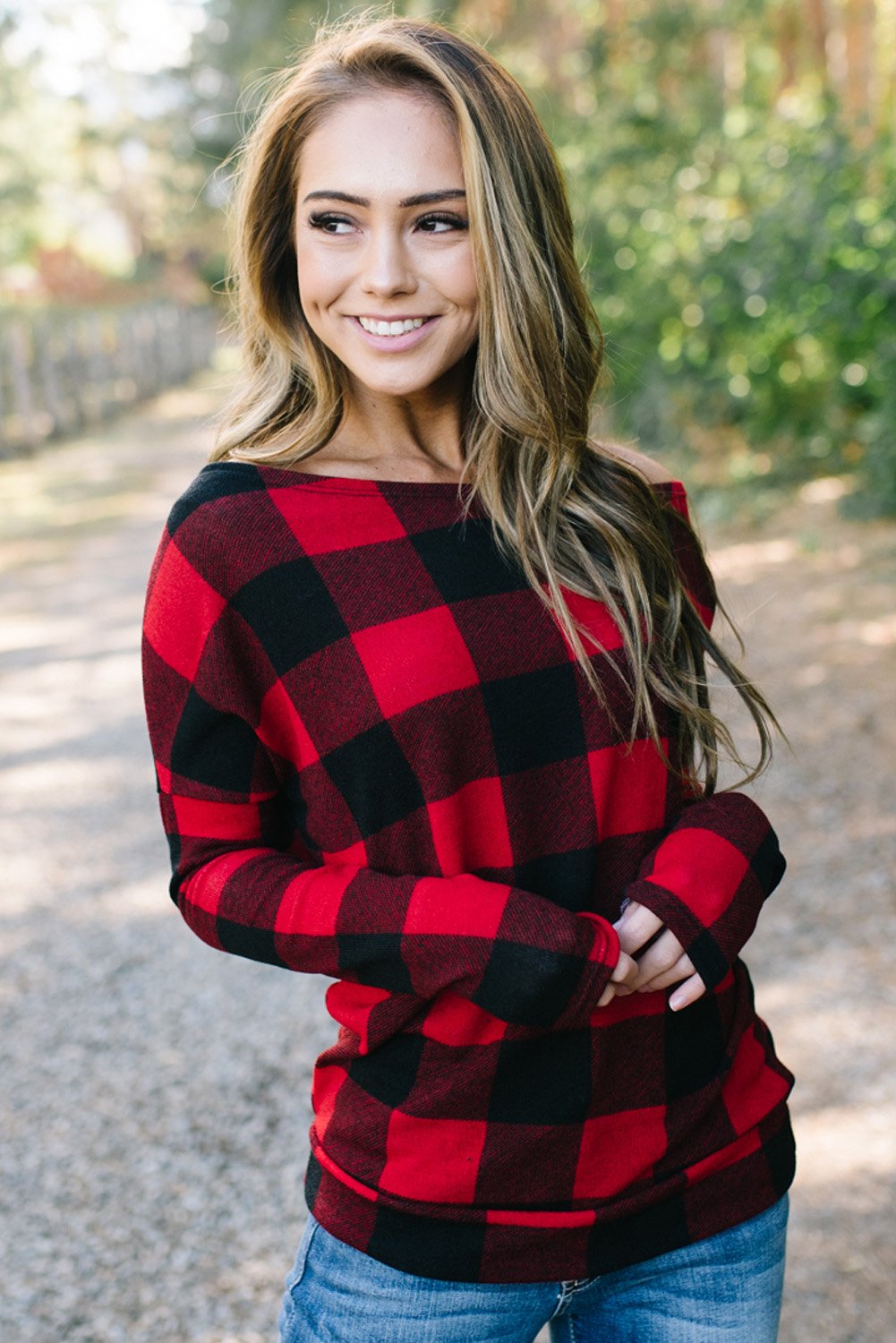 Plaid Off Shoulder Textured Long Sleeve Top