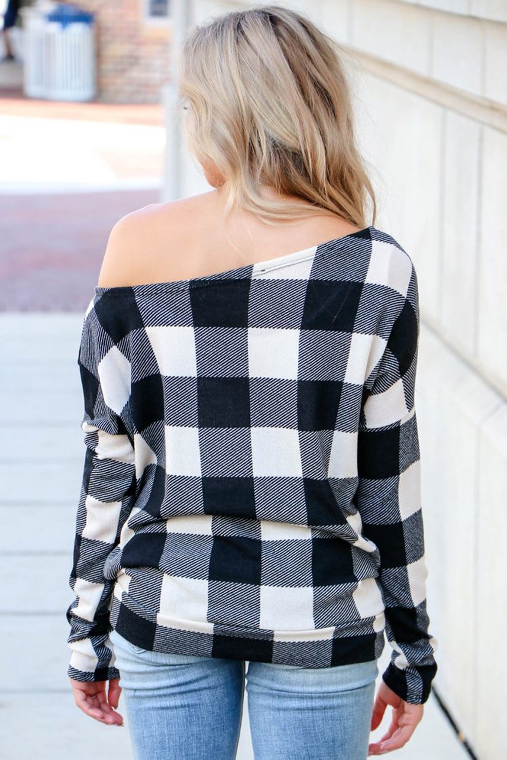 Plaid Off Shoulder Textured Long Sleeve Top
