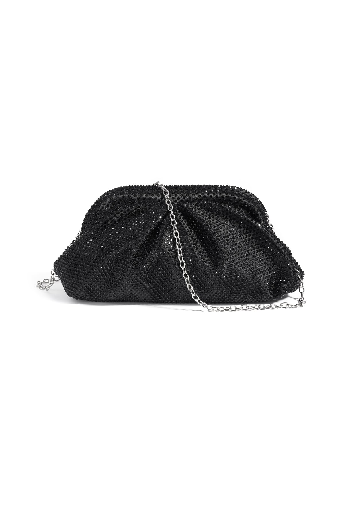 Black beaded clutch bag with a chain strap on a white background