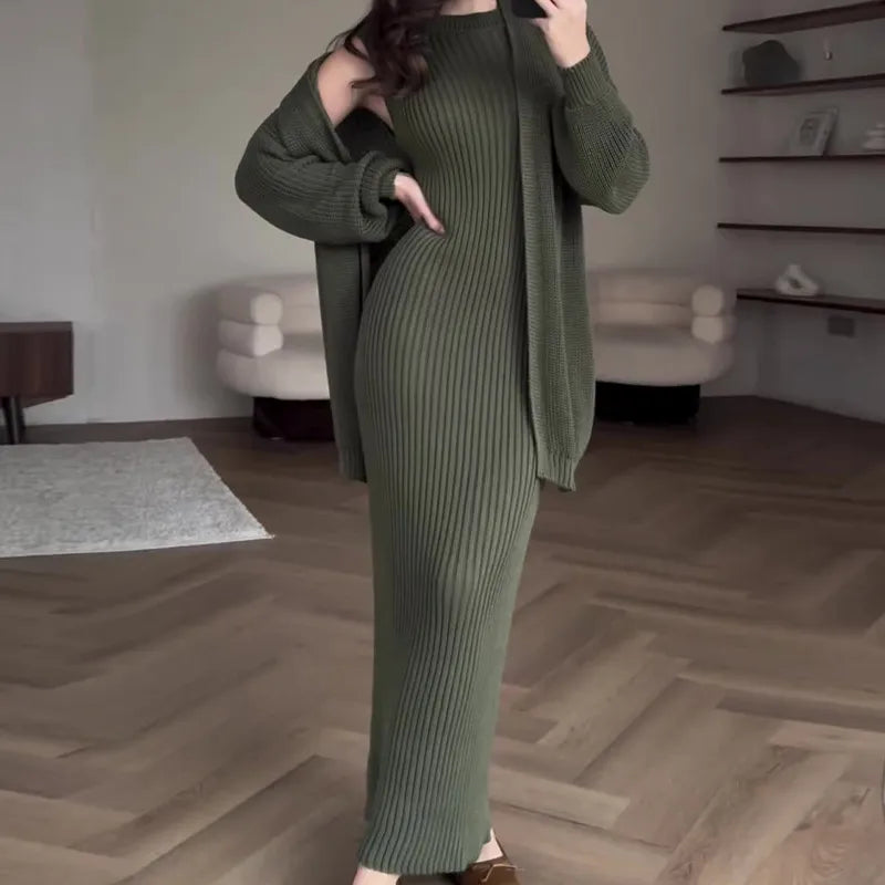 Cozy Ribbed Knit 2-Piece Set – Commuter Style Sweater Dress with Cardigan Shawl