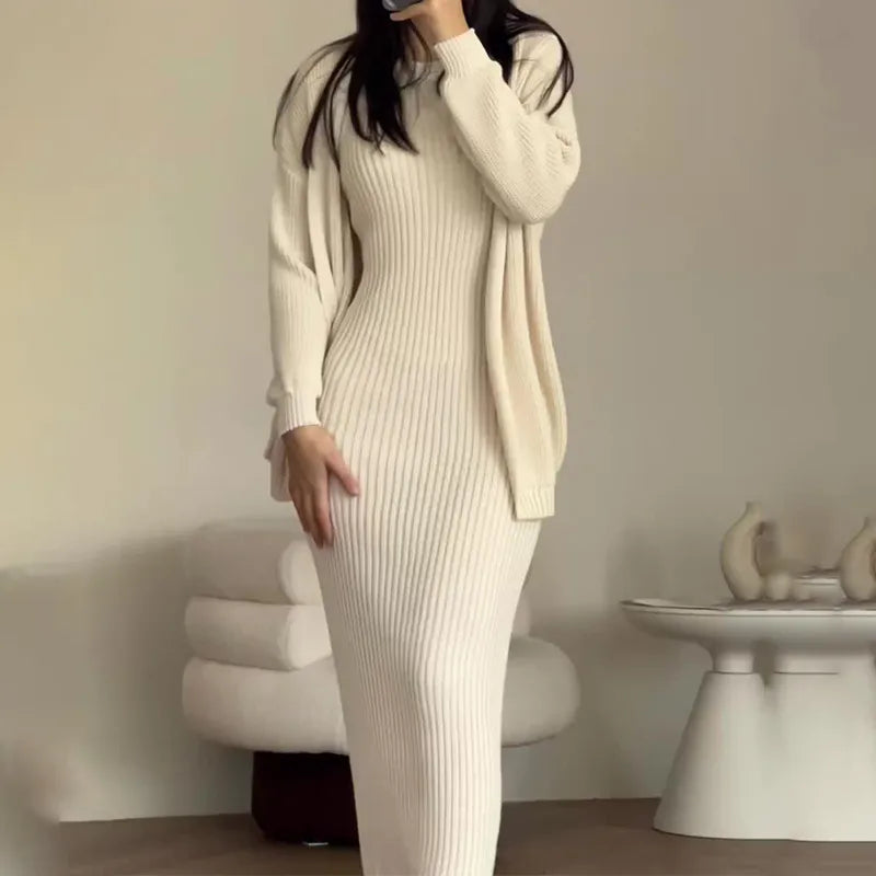 Cozy Ribbed Knit 2-Piece Set – Commuter Style Sweater Dress with Cardigan Shawl