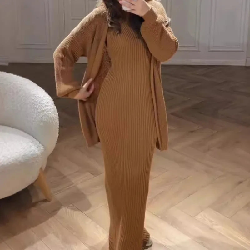 Cozy Ribbed Knit 2-Piece Set – Commuter Style Sweater Dress with Cardigan Shawl