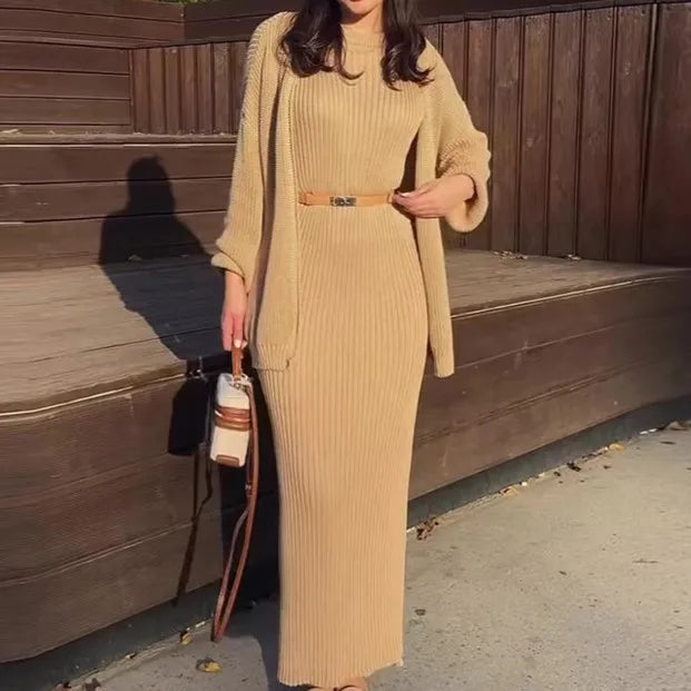 Cozy Ribbed Knit 2-Piece Set – Commuter Style Sweater Dress with Cardigan Shawl