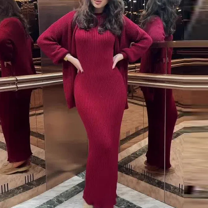 Cozy Ribbed Knit 2-Piece Set – Commuter Style Sweater Dress with Cardigan Shawl