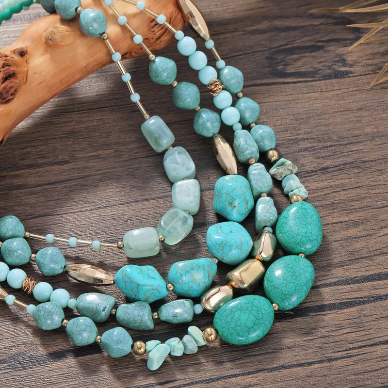 Multi-Layered Beaded Statement Necklace – Turquoise & Natural Stone Design