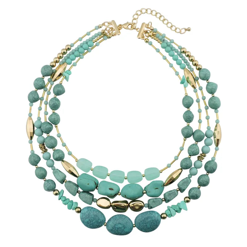 Multi-Layered Beaded Statement Necklace – Turquoise & Natural Stone Design