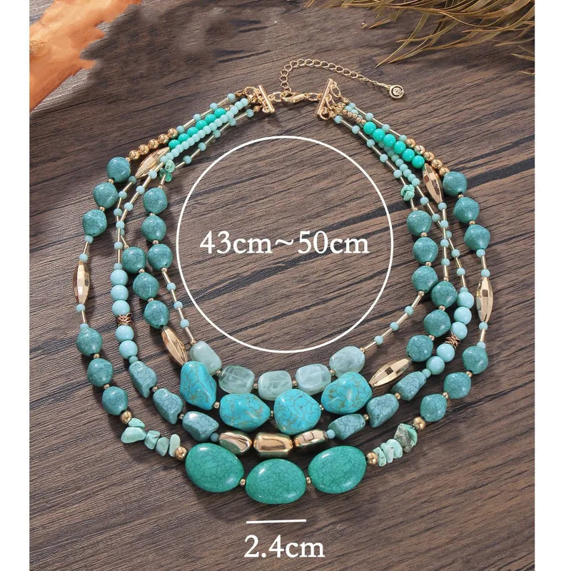 Multi-Layered Beaded Statement Necklace – Turquoise & Natural Stone Design