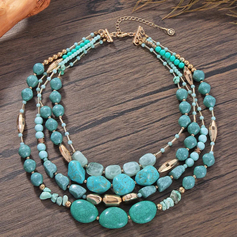 Multi-Layered Beaded Statement Necklace – Turquoise & Natural Stone Design