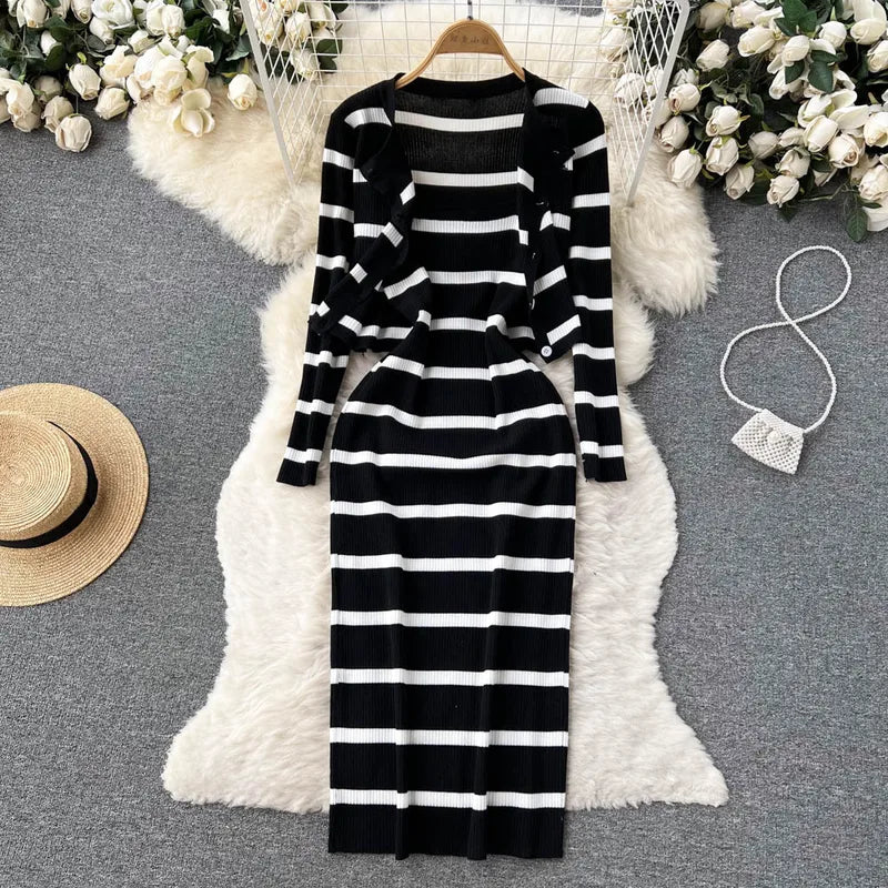 Women’s Striped Midi Dress & Cropped Cardigan Set – Autumn Knitwear
