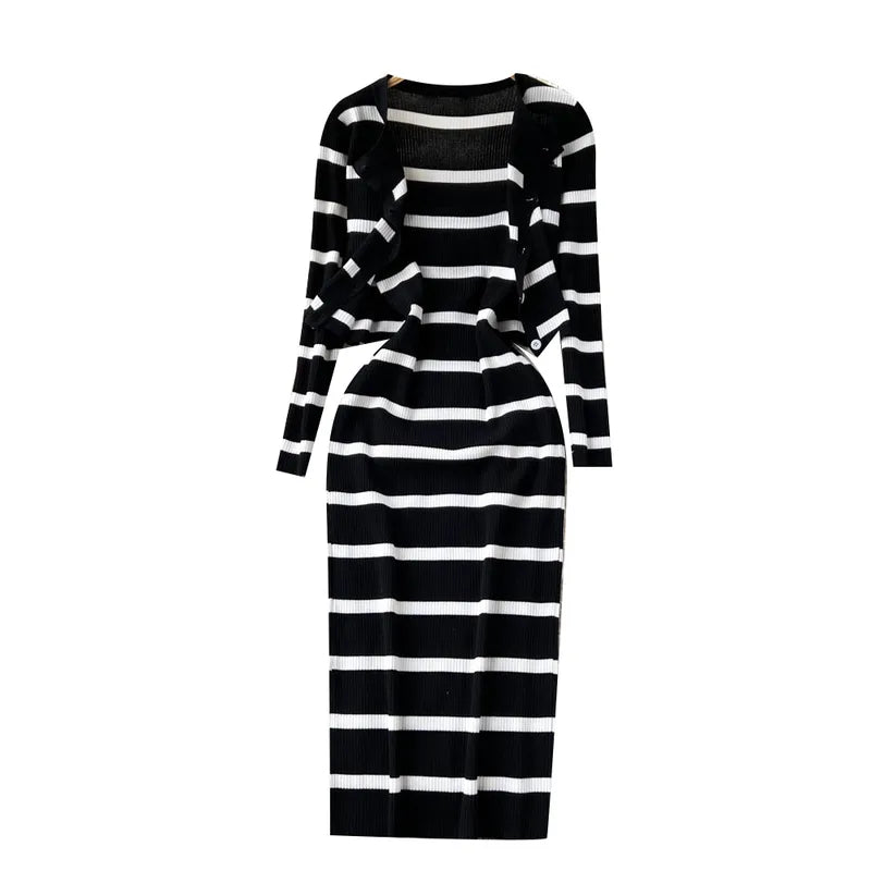 Women’s Striped Midi Dress & Cropped Cardigan Set – Autumn Knitwear
