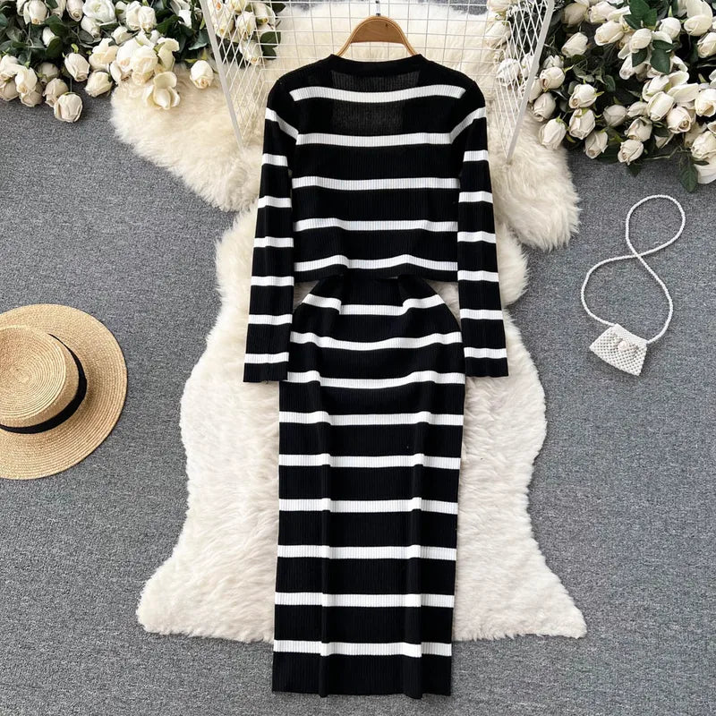 Women’s Striped Midi Dress & Cropped Cardigan Set – Autumn Knitwear