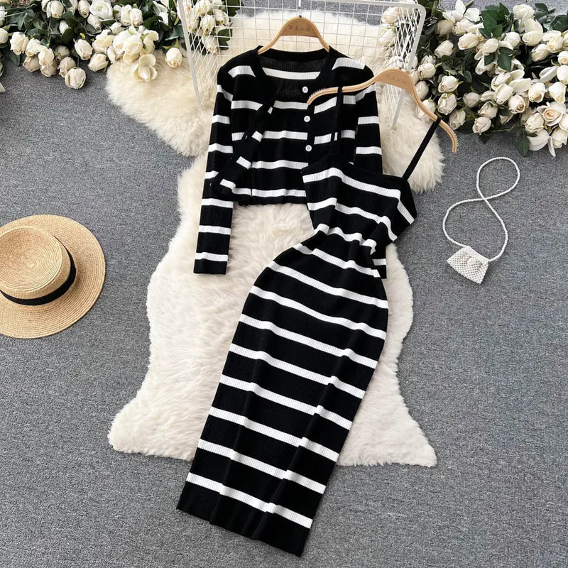 Women’s Striped Midi Dress & Cropped Cardigan Set – Autumn Knitwear