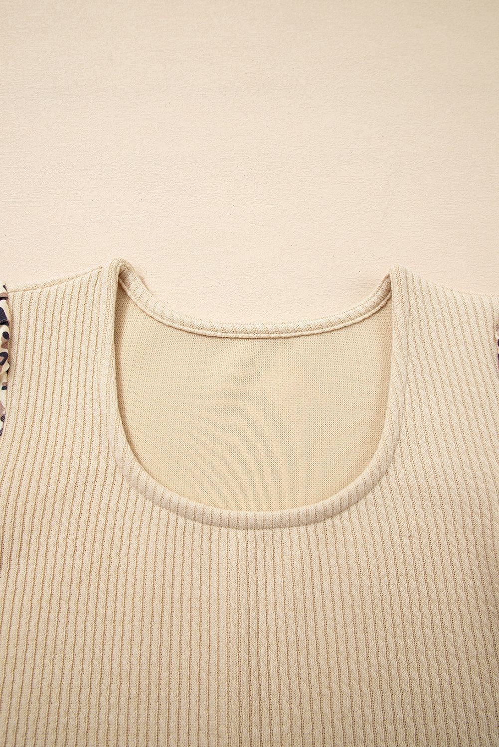 Leopard Patchwork Sleeve Ribbed Knit Scoop Neck Top