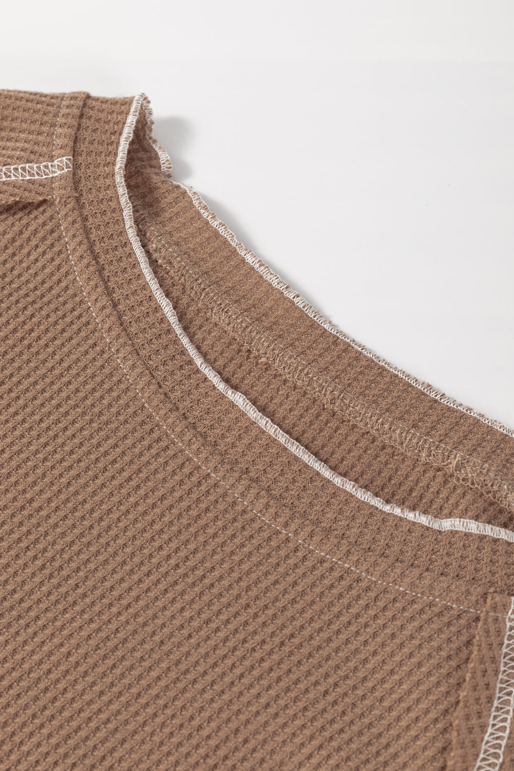 Solid Waffle Knit Round Neck Long Sleeve Top