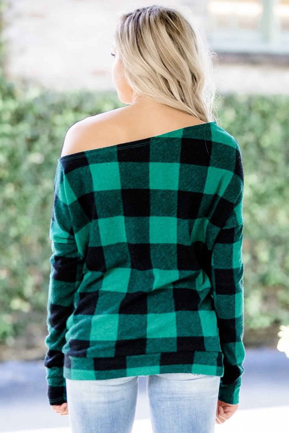 Plaid Off Shoulder Textured Long Sleeve Top