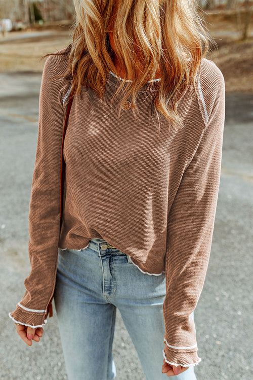 Solid Waffle Knit Round Neck Long Sleeve Top