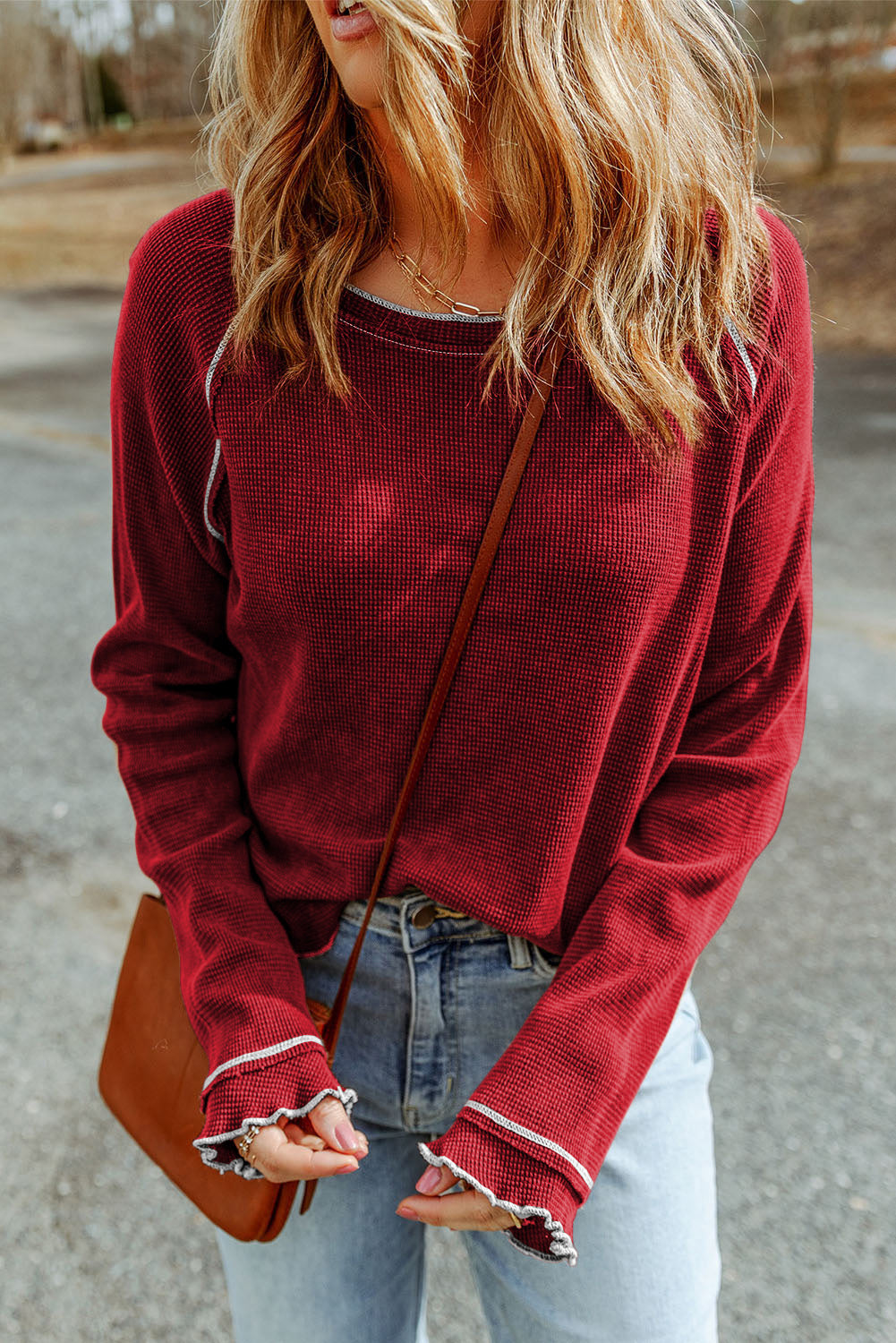 Solid Waffle Knit Round Neck Long Sleeve Top