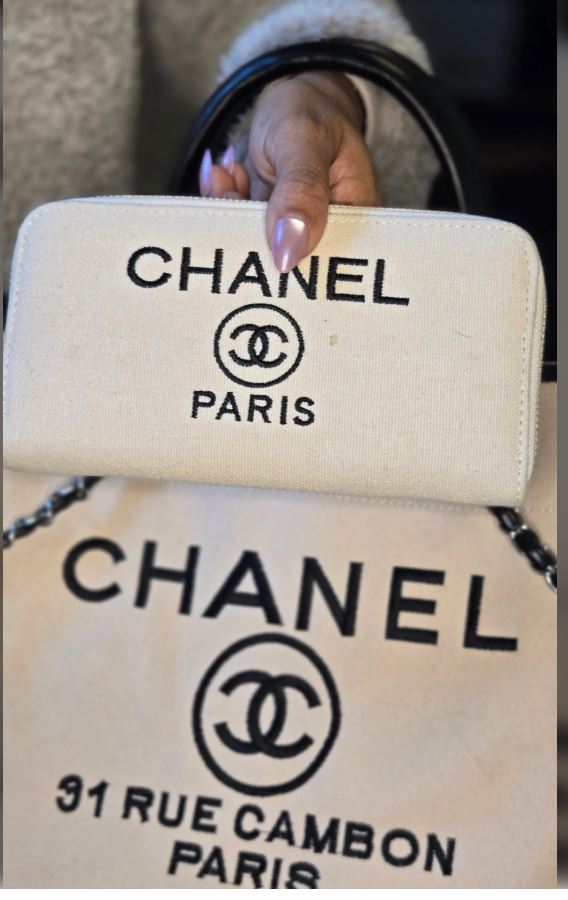 Luxury inspired Canvas Embroidered Tote + Matching Zip Wallet Set – Chain Strap & Leather Handles