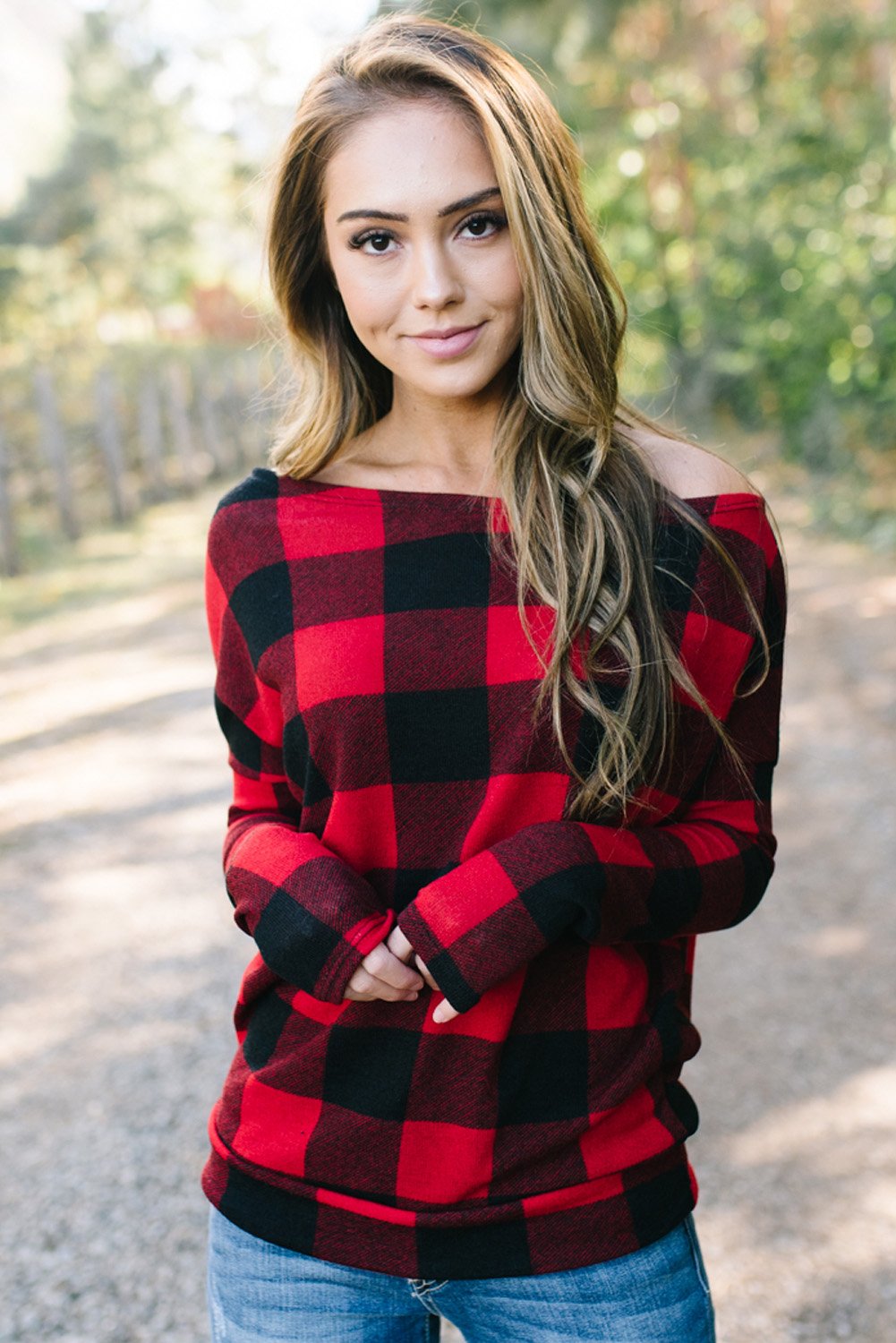 Plaid Off Shoulder Textured Long Sleeve Top