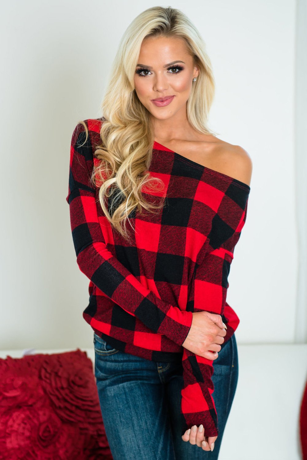 Plaid Off Shoulder Textured Long Sleeve Top