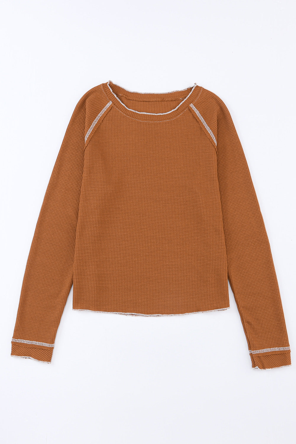Solid Waffle Knit Round Neck Long Sleeve Top