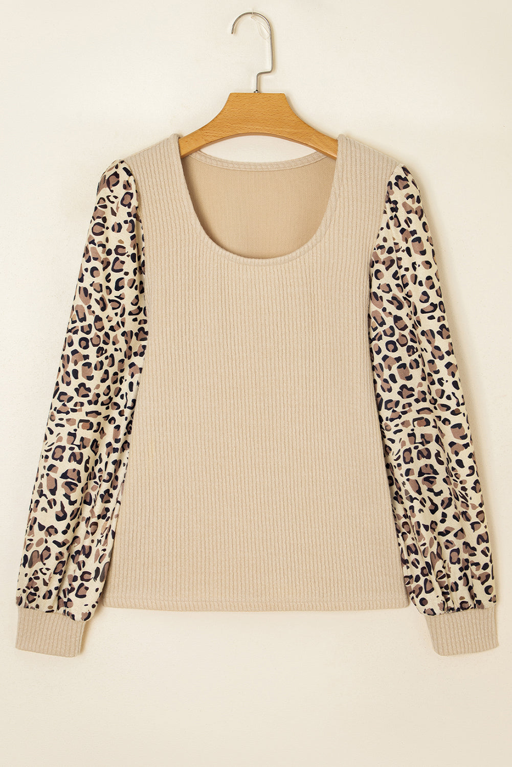 Leopard Patchwork Sleeve Ribbed Knit Scoop Neck Top