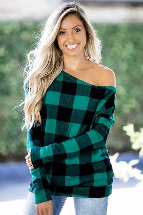 Plaid Off Shoulder Textured Long Sleeve Top