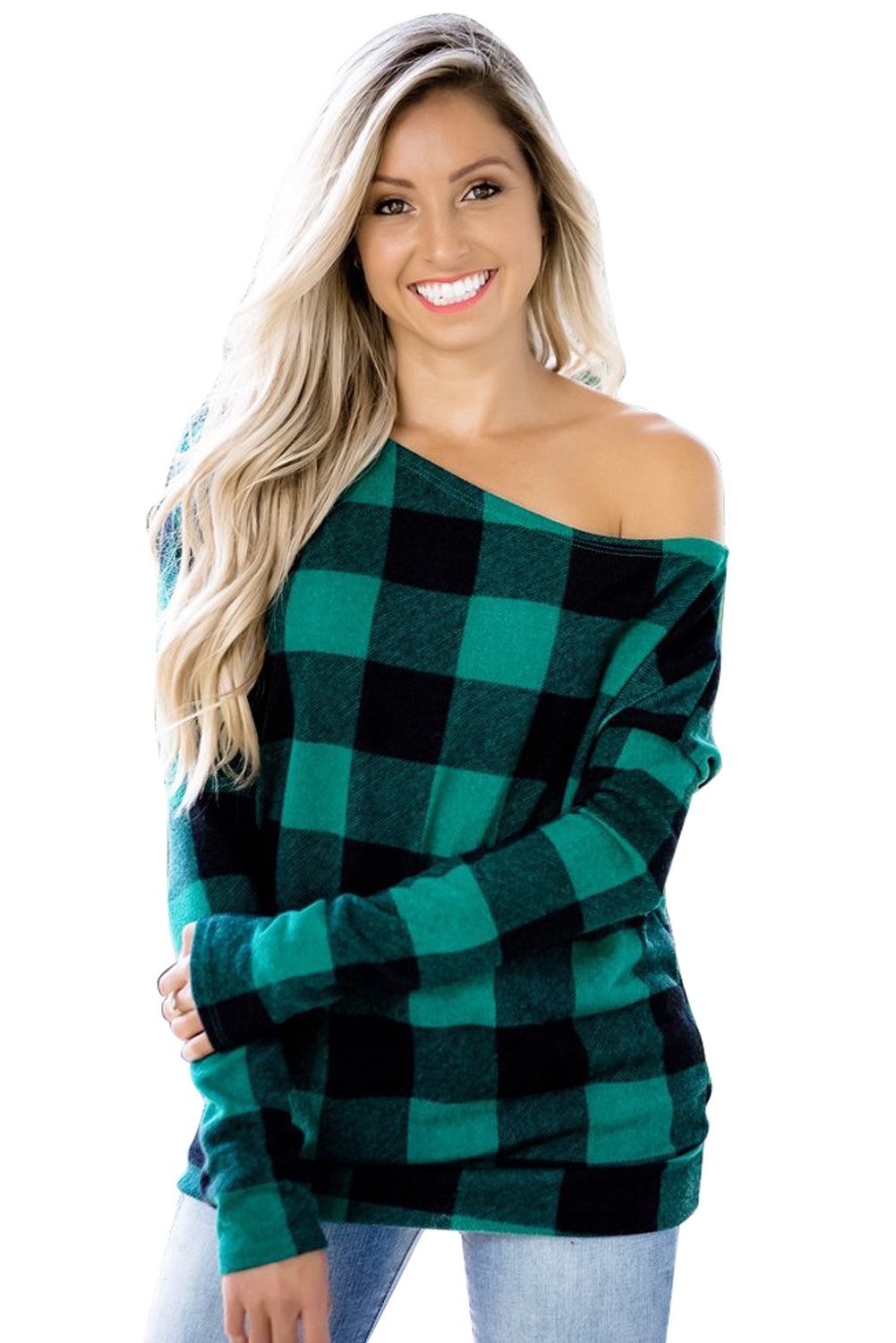 Plaid Off Shoulder Textured Long Sleeve Top