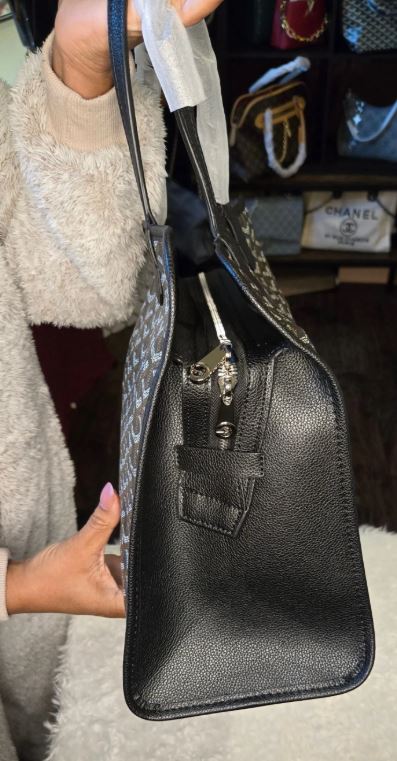 Premium Geometric Print Structured Tote with Leather Trim