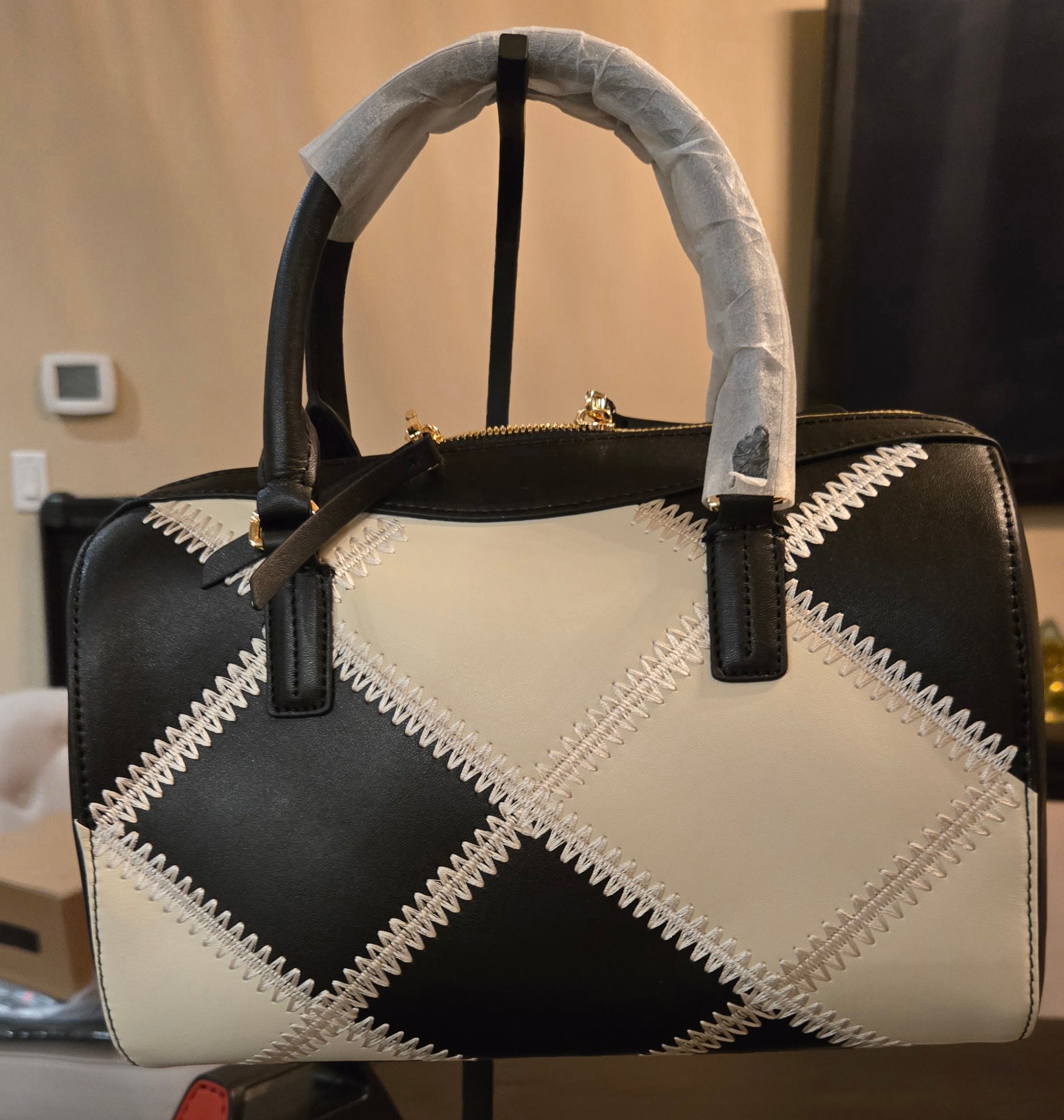 Black and Ivory Monochrome Luxe Structured Top-Handle Satchel | Genuine Leather